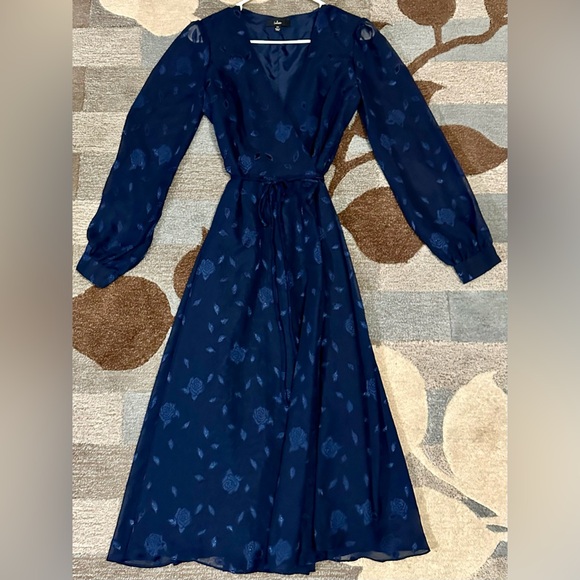 Lulu’s Evening of Elegance Navy Blue Floral Jacquard Burnout Wrap Midi Dress - Picture 3 of 12